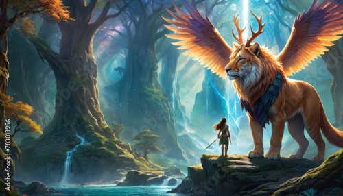 An ethereal forest scene with a warrior beside a majestic winged lion, casting an aura of fantasy and mystery in a luminous glade.. AI Generation photo