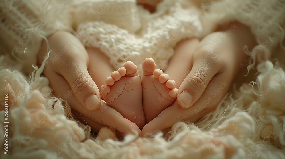 Baby feet in mother hands - hearth shape, copy space for text. Baby feet in mother hands - hearth shape, copy space for text.