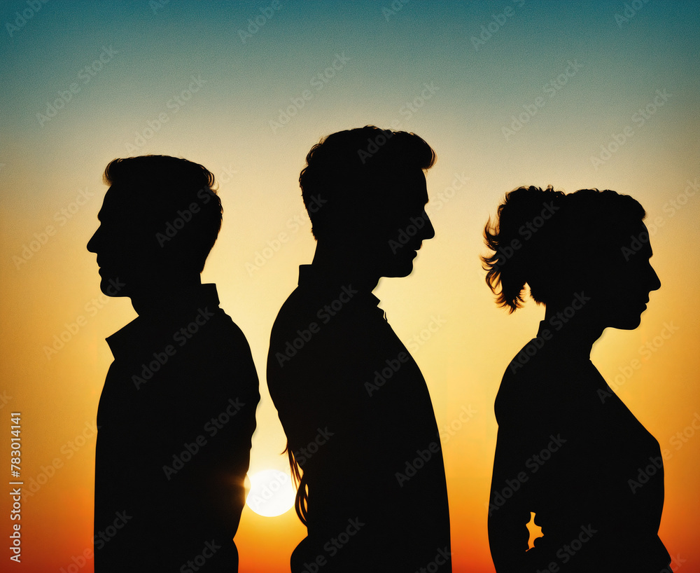 A group of people standing in front of a sunset.