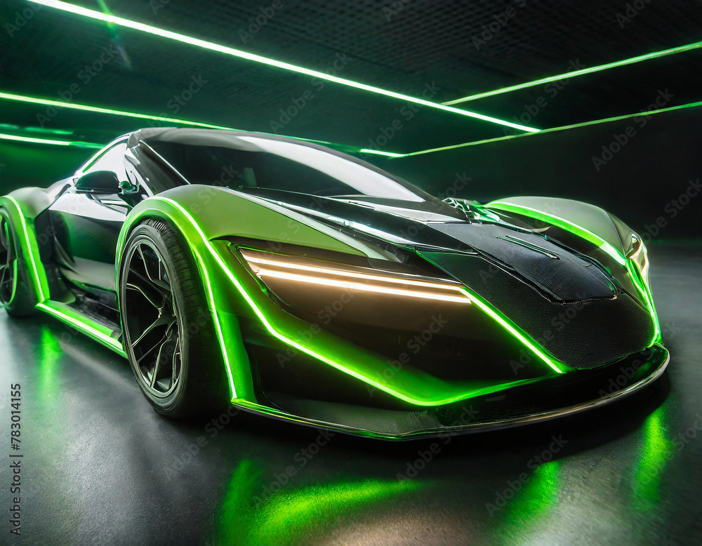 Elegant, futuristic, shiny car of the future, green tail lights