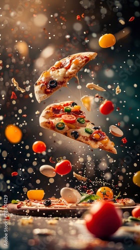 Ingredients for pizza flying in the air, bright saturated background, spotty colors, professional food photo © shooreeq