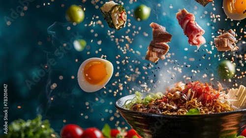 Ingredients for ramen flying in the air, bright saturated background, spotty colors, professional food photo