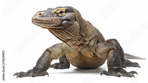A Komodo dragon being on guard with its head up  isolated 