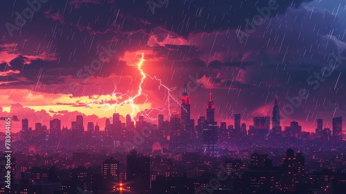 City Skyline Network: A 3D vector illustration of a city skyline during a thunderstorm