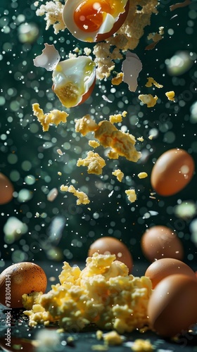 Ingredients for scrambled eggs flying in the air, bright saturated background, spotty colors, professional food photo