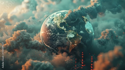 Climate Change: A 3D vector illustration of a globe with industrial smokestacks emitting pollution
