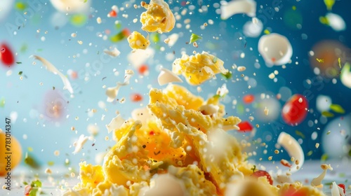 Ingredients for scrambled eggs flying in the air, bright saturated background, spotty colors, professional food photo