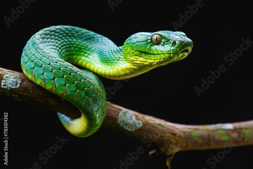 Green pit viper on a tree branch isolated on black background