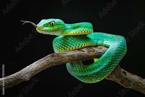 Green pit viper on a branch isolated on a black background