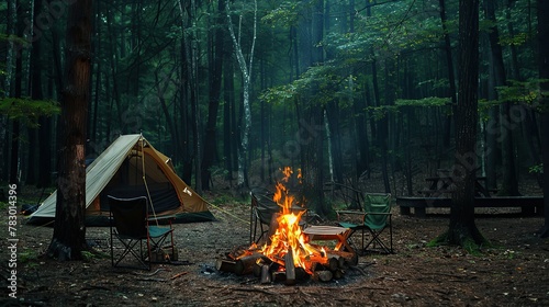 Beautiful bonfire with burning firewood near chairs and camping tent in forest. Campfire by a chairs and a tent. copy space for text.