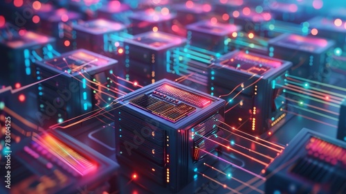 Data Transfer: A 3D vector illustration of a data center with data being transferred between servers