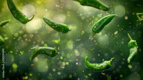 Jalapeno Peppers flying chaotically in the air, bright saturated background, spotty colors, professional food photo