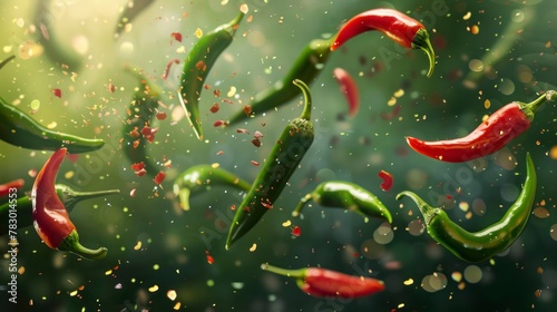 Jalapeno Peppers flying chaotically in the air, bright saturated background, spotty colors, professional food photo © shooreeq