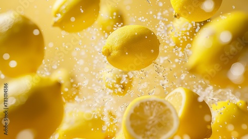 Lemons flying chaotically in the air, bright saturated background, spotty colors, professional food photo