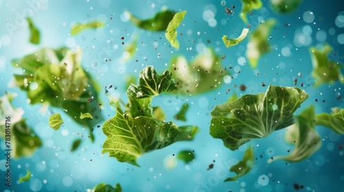 Lettuce leaves flying chaotically in the air, bright saturated background, spotty colors, professional food photo