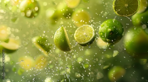 Limes flying chaotically in the air, bright saturated background, spotty colors, professional food photo