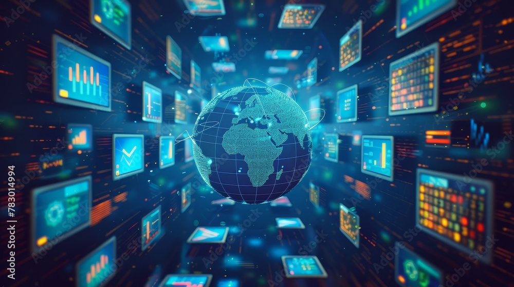 Education and Knowledge: A 3D vector illustration of a globe surrounded by digital tablets and laptops Education and Knowledge: A 3D vector illustration of a globe surrounded by digital tablets and laptops