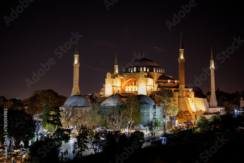Ayasofya Museum, Hagia Sophia in Sultan Ahmet park in Istanbul, Turkey by night. Byzantine architecture, city landmark and architectural world wonder