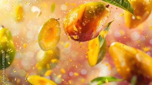 Mangoes flying chaotically in the air, bright saturated background, spotty colors, professional food photo © shooreeq