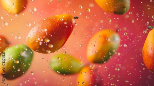 Mangoes flying chaotically in the air, bright saturated background, spotty colors, professional food photo