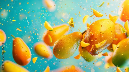 Mangoes flying chaotically in the air, bright saturated background, spotty colors, professional food photo