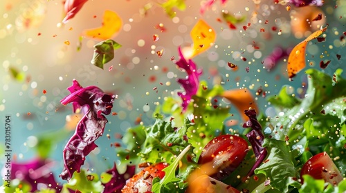 Mix salad leaves flying chaotically in the air, bright saturated background, spotty colors, professional food photo