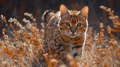 Bengal Cat Stalking Through Tall Grass, Camouflaged Coat Perfectly Blending with Surroundings. © pengedarseni