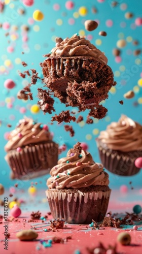 Muffins flying chaotically in the air, bright saturated background, spotty colors, professional food photo