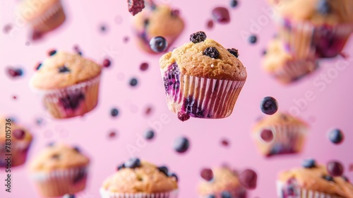Muffins flying chaotically in the air, bright saturated background, spotty colors, professional food photo 