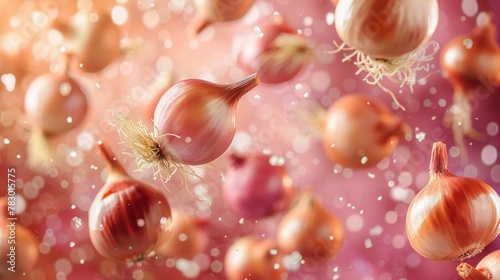 Onions flying chaotically in the air, bright saturated background, spotty colors, professional food photo