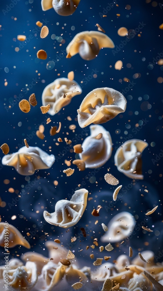 Pelmeni flying chaotically in the air, bright saturated background, spotty colors, professional food photo Pelmeni flying chaotically in the air, bright saturated background, spotty colors, professional food photo