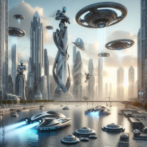 futuristic scene with skyscrapers, hovercrafts and robots photo