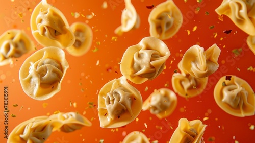 Pelmeni flying chaotically in the air, bright saturated background, spotty colors, professional food photo