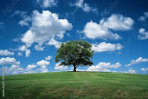 Lonely tree on green meadow and blue sky with clouds