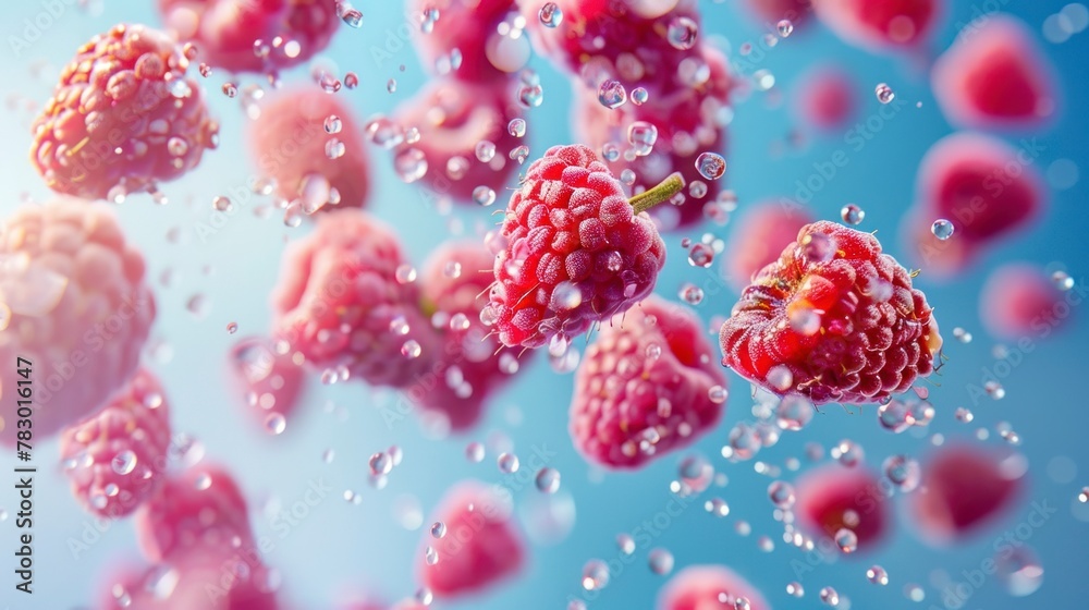 Raspberries flying chaotically in the air, bright saturated background, spotty colors, professional food photo Raspberries flying chaotically in the air, bright saturated background, spotty colors, professional food photo