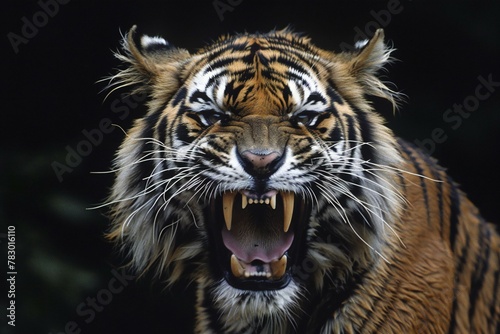Close up of a tiger showing his teeth in the dark background © Nam