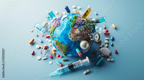Global Health: A 3D vector illustration of a globe with medical symbols