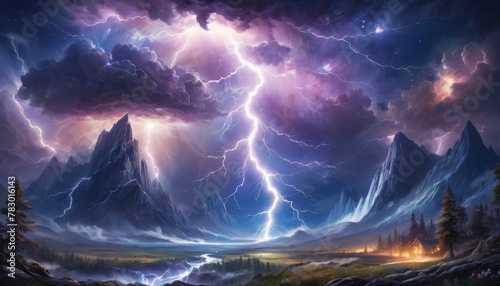 An artful depiction of a dramatic lightning storm illuminating the sky above a serene mountain valley with a small campfire glowing at night.. AI Generation
