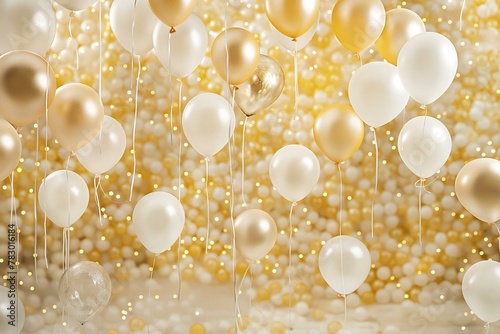 Elegant Celebration Scene with Golden and White Balloons and Twinkling Lights