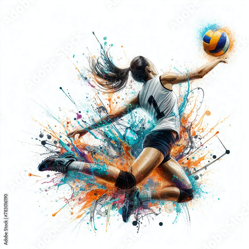 Abstract silhouette of a volleyball player woman in watercolor