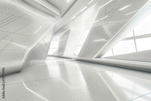 Modern Futuristic Interior with White Sleek Surfaces and Geometric Design