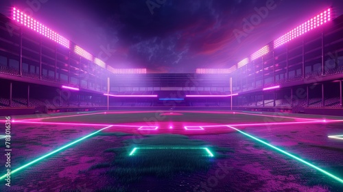 Glowing Neon Baseball: A 3D vector illustration of a baseball field with neon purple and green © MAY