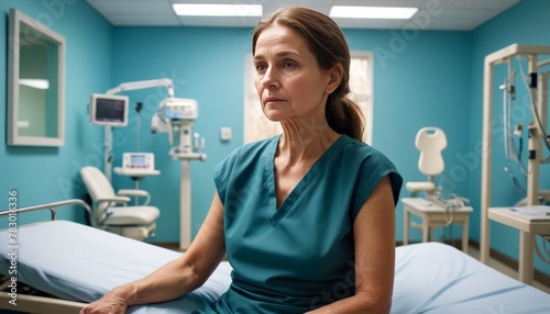 An experienced female healthcare professional in scrubs sits pensively in a clinical setting  suggesting contemplation and dedication in a medical environment.. AI Generation