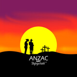 Anzac Day event banner. Two soldiers praying in a cemetery at sunset to commemorate on April 25th in New Zealand, Australia
