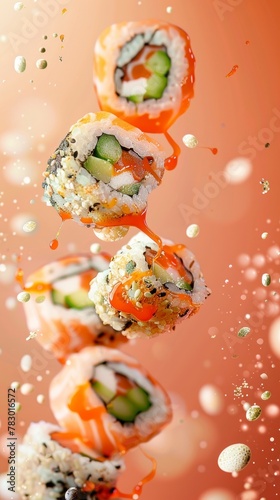 Sushi rolls flying chaotically in the air, bright saturated background, spotty colors, professional food photo