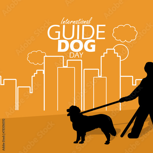 International Guide Dog Day event banner. A blind man is guided by his beloved dog with a line art illustration of a city on light brown background to celebrate on April