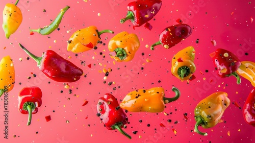 Sweet peppers flying chaotically in the air, bright saturated background, spotty colors, professional food photo