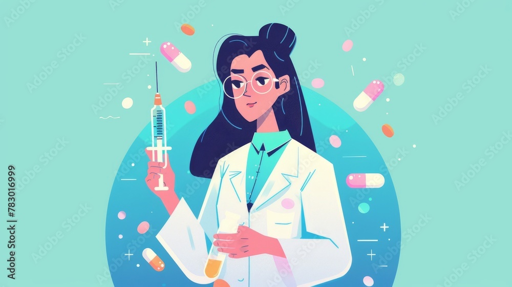 A woman in a lab coat holds a syringe. She is carrying pills. A woman in a lab coat holds a syringe. She is carrying pills.