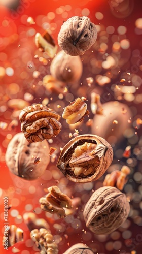 Walnuts flying chaotically in the air, bright saturated background, spotty colors, professional food photo