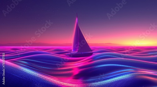 Glowing Neon Sailing: A 3D vector illustration of a sailboat with neon sails photo